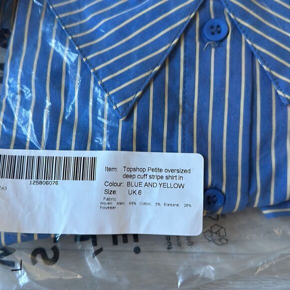 Topshop Petite oversized deep cuff stripe shirt blue & yellow Size 2 NWT in pkg - Picture 6 of 7
